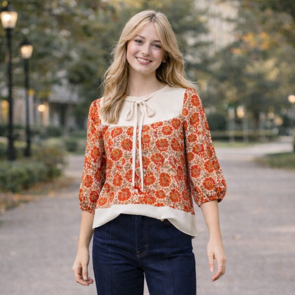 Boho Orange Floral Top Blouse Size XS